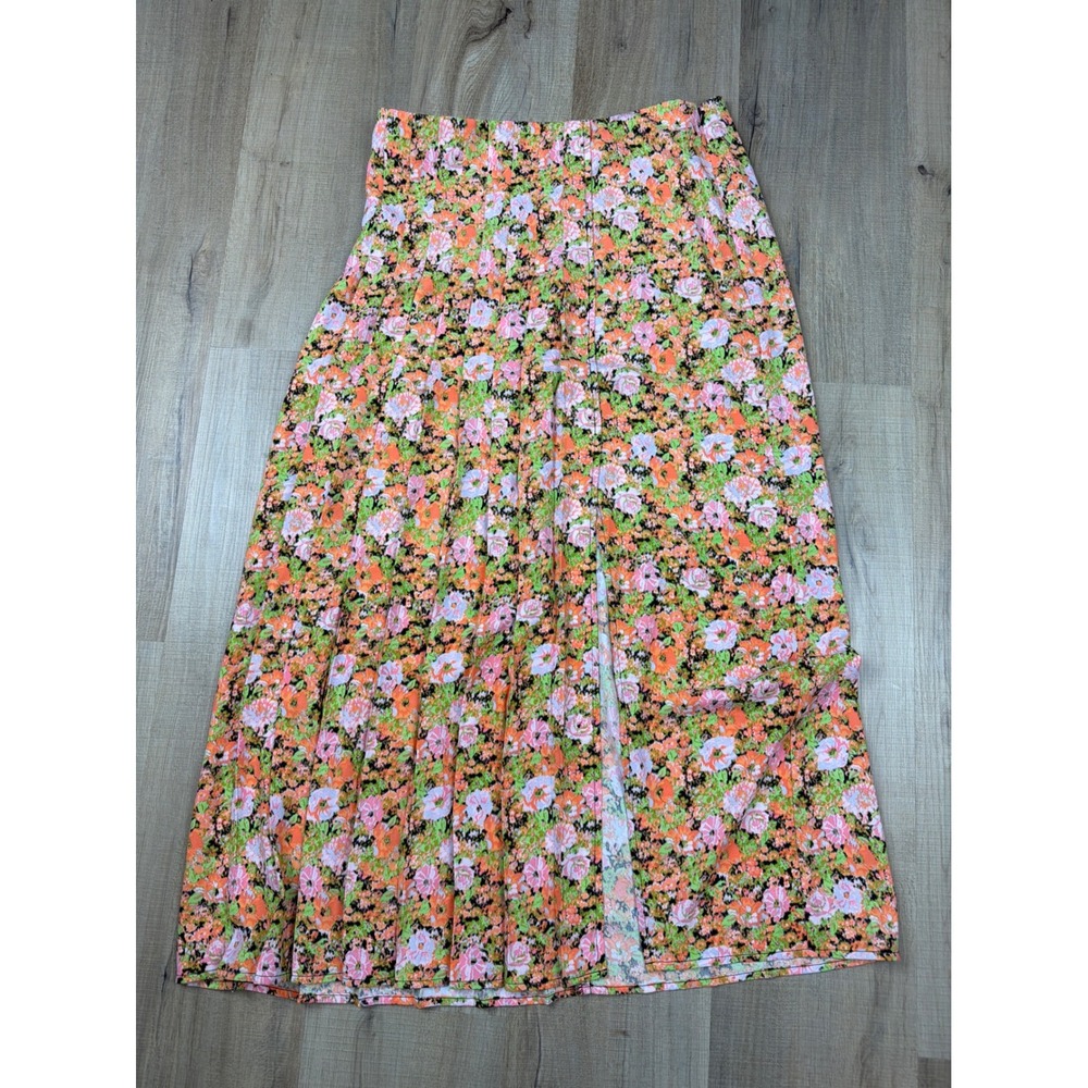 Open Edit Floral Midi Skirt Orange Pink Green High Rise Side Slit Womens Medium